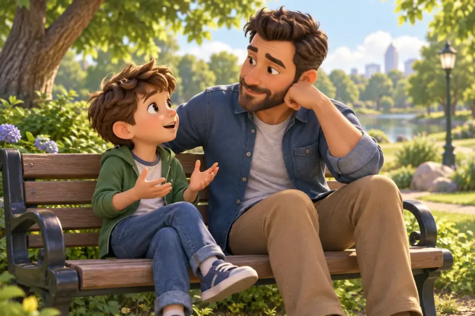A father listens attentively as his child talks with him on a park bench.