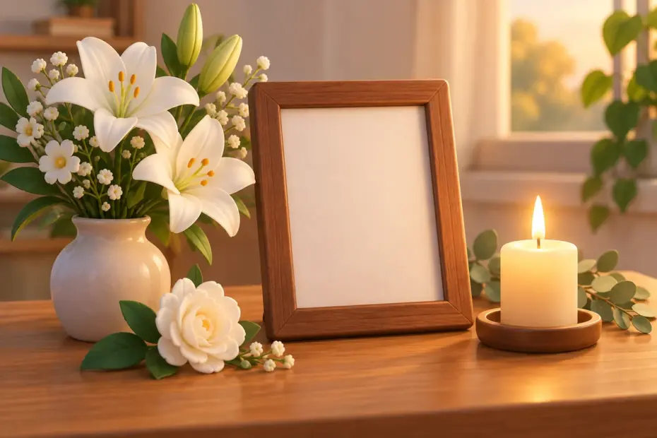 White flowers and a candle form a quiet memorial display.
