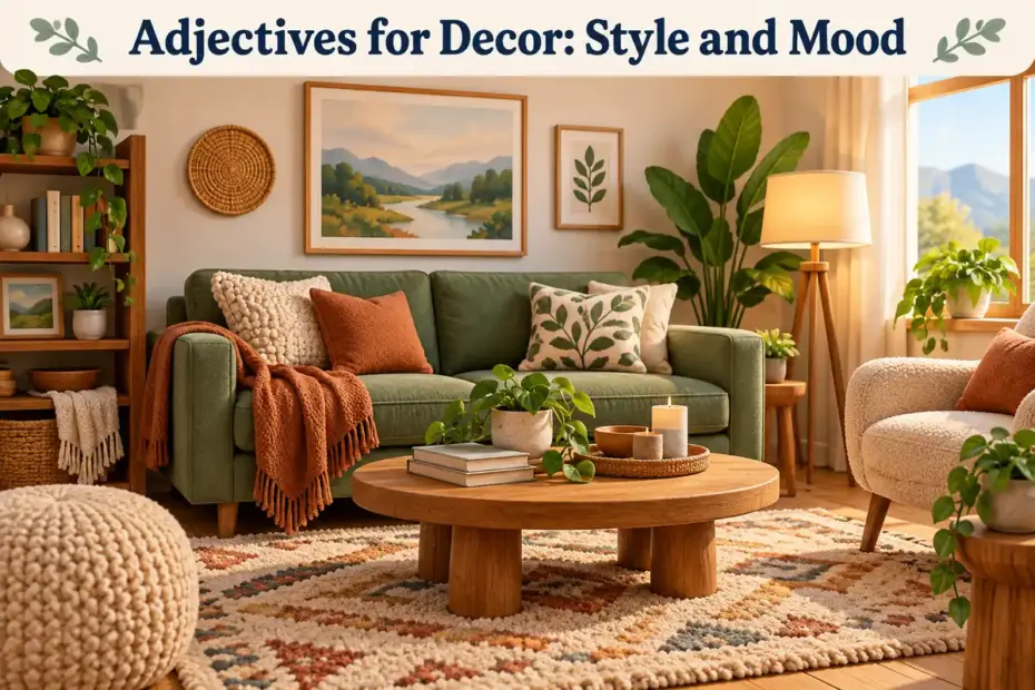 A warm living room with layered textures, plants, a green sofa, and balanced decor illustrates adjectives for decor.
