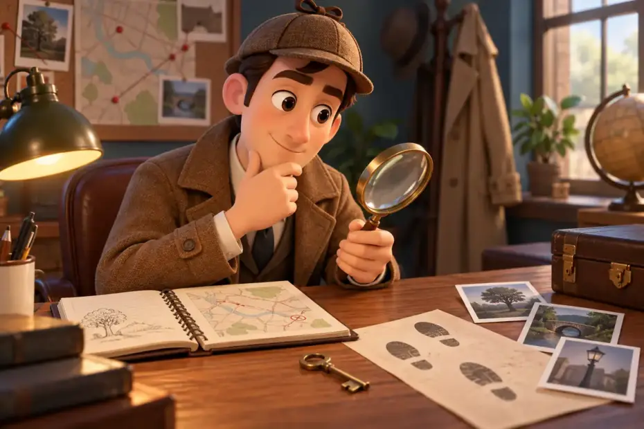 A 3D investigator studies a magnifying glass, map, footprints, and a key at a desk.