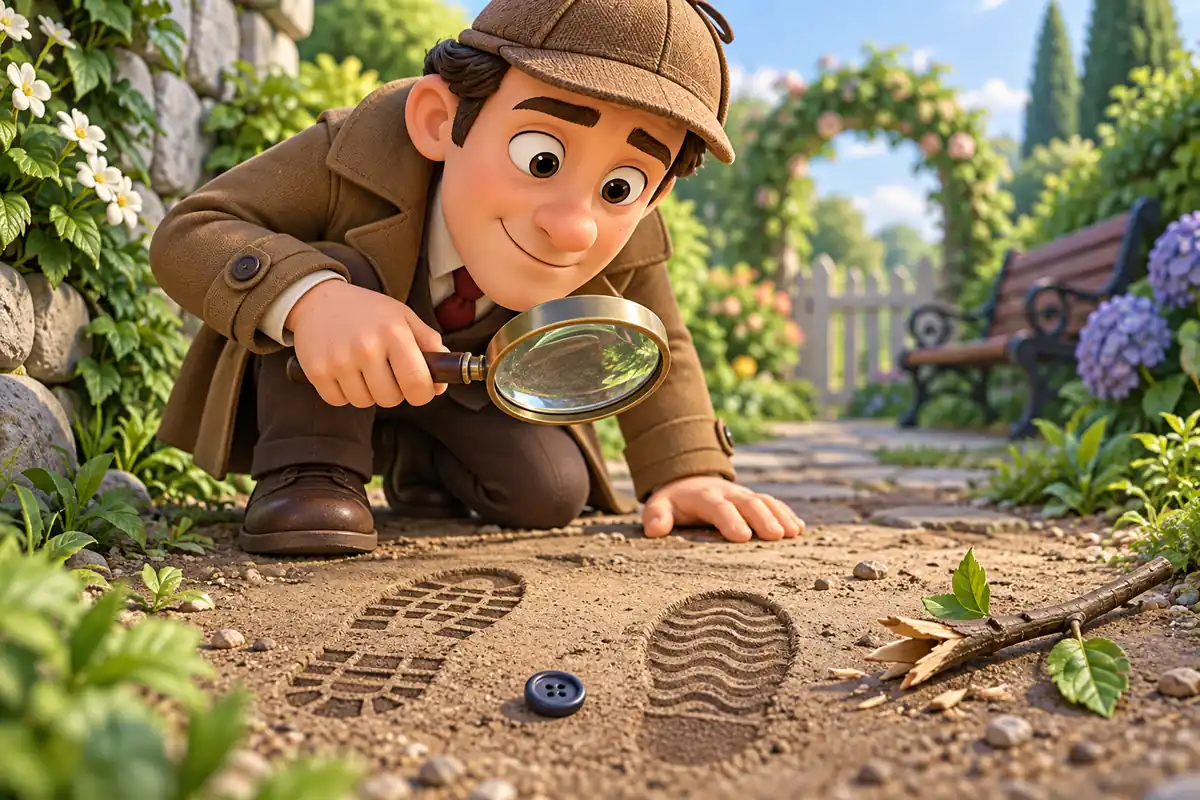 A detective examines footprints, a button, and a twig on a garden path with a magnifying glass.
