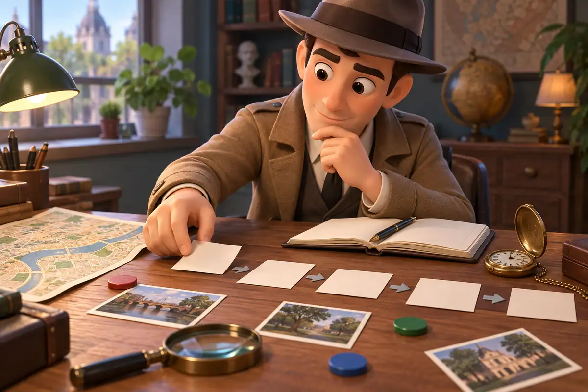 An investigator arranges blank evidence cards in sequence beside a map and notebook.