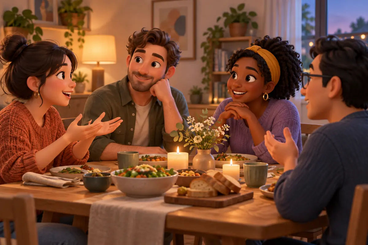 People share conversation during a small dinner.