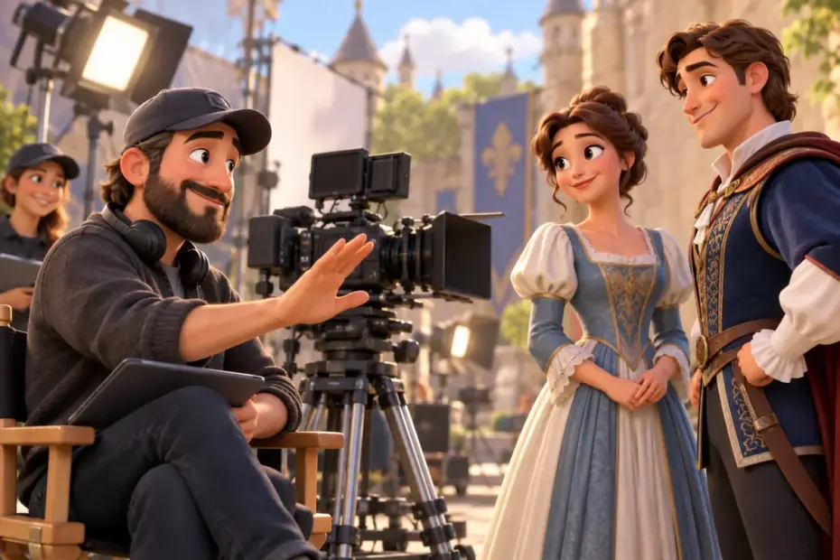 A director calmly guides actors beside a camera on a bright film set.