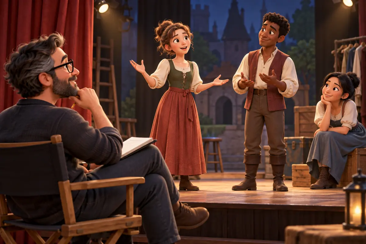 A theater director listens to performers during a rehearsal on a small stage.