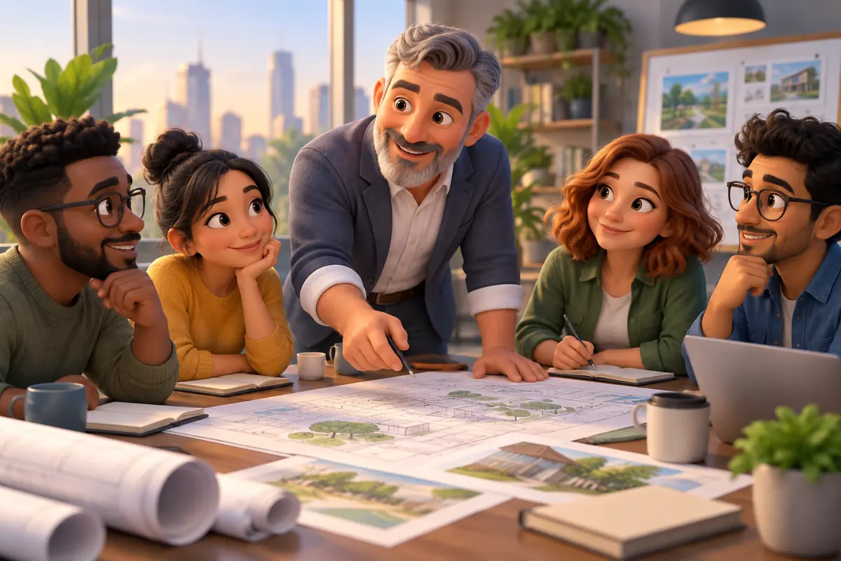 An organizational director reviews plans with a diverse team around a table.