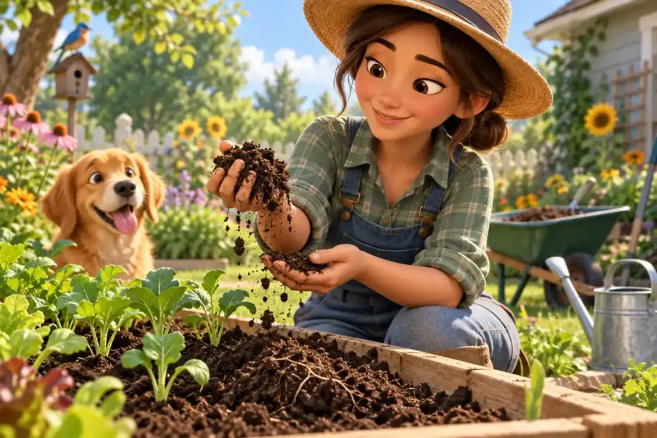 A gardener crumbles dark, loamy soil in one hand beside healthy seedlings.