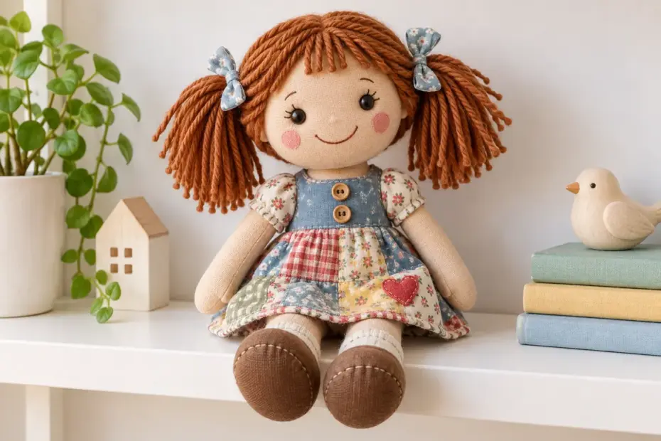 A handmade cloth doll with a stitched smile, yarn hair, and a patchwork dress sits on a clean studio shelf.