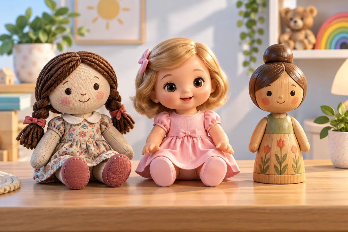 Three different dolls show cloth, smooth vinyl, and carved wooden materials on a display table.