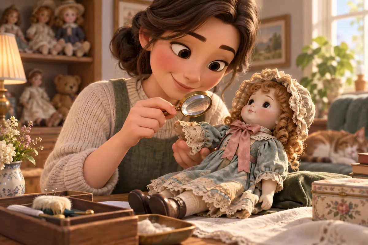 A collector examines a vintage doll’s faded ribbon and carefully stitched clothing with a magnifying glass.