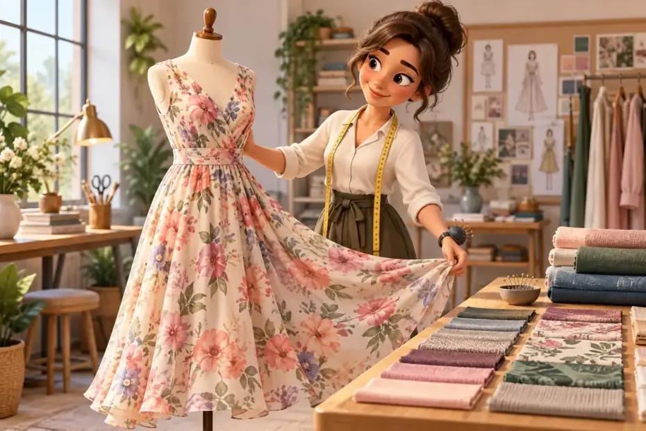 A dressmaker displays a flowing floral dress on a mannequin beside fabric swatches.