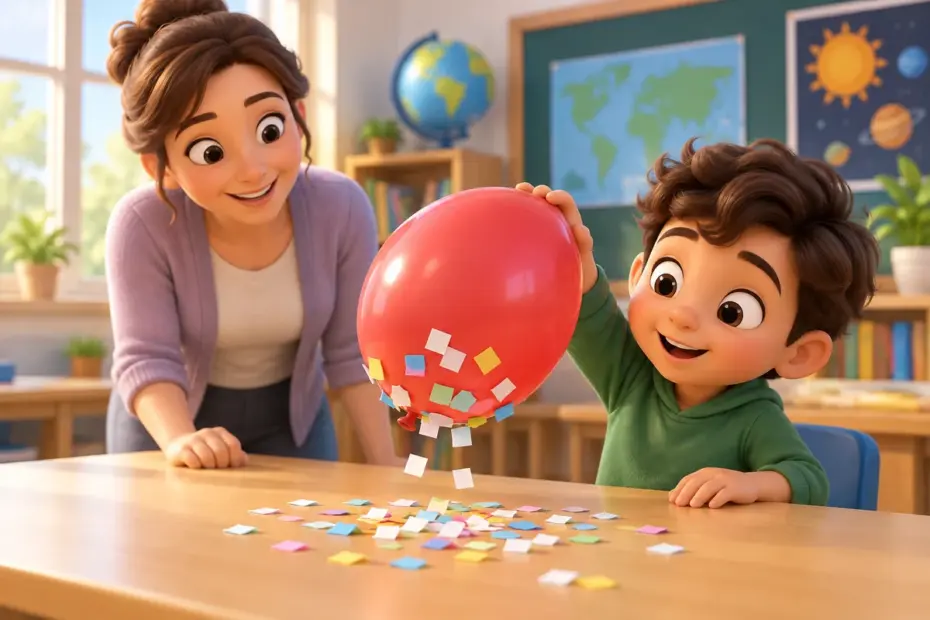A teacher supervises a balloon attracting small paper pieces.