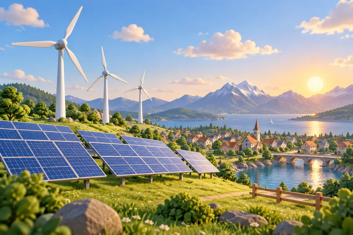 Solar panels and wind turbines stand near a small town.
