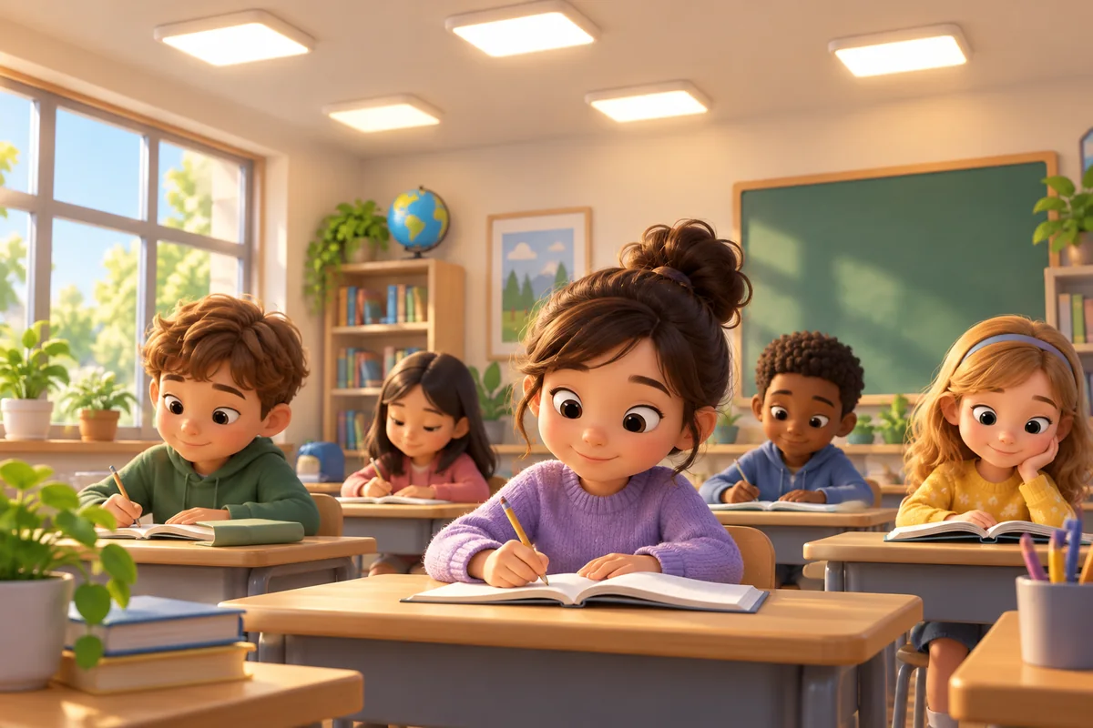 Students study in a classroom with steady ceiling lights.