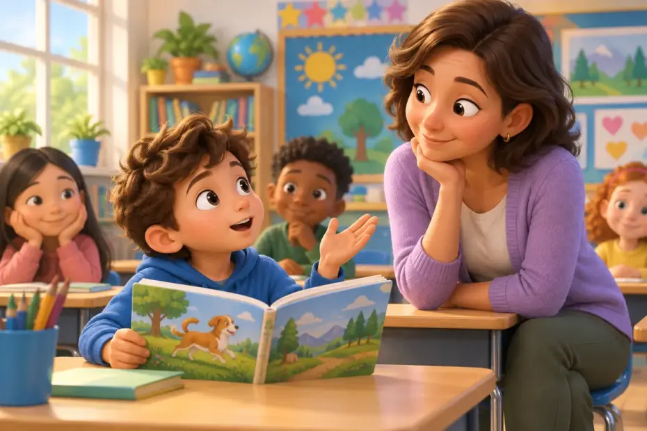 An elementary student reads a book and raises a curious question during a bright classroom lesson.