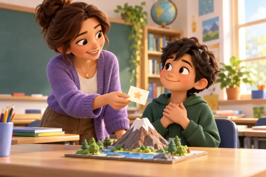 A teacher supports a student beside a finished school project.