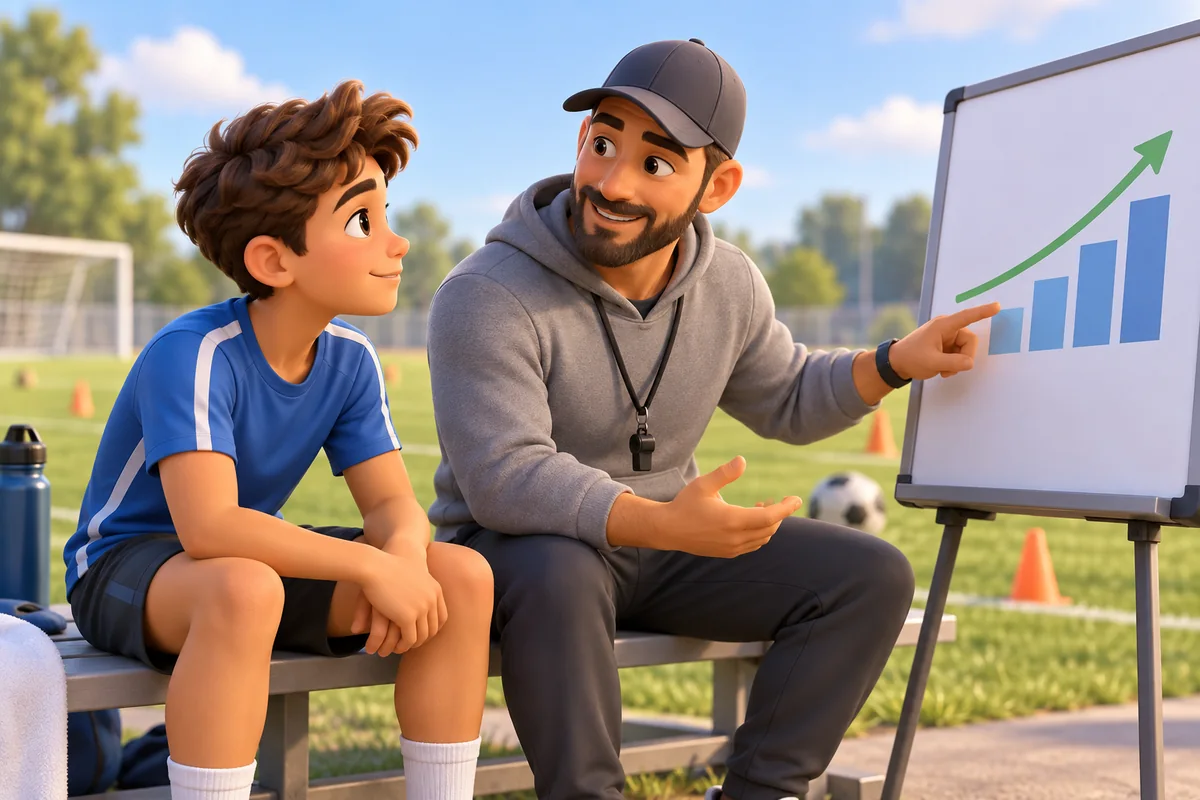 A coach offers supportive guidance beside a practice field.