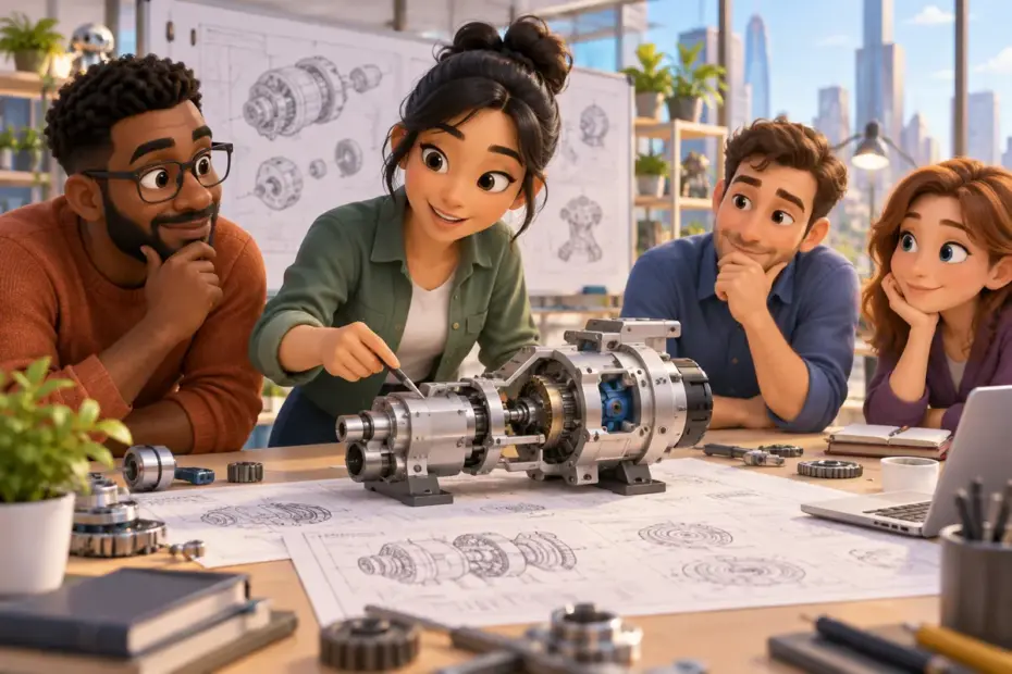 An engineer reviews a prototype with teammates at a design table.
