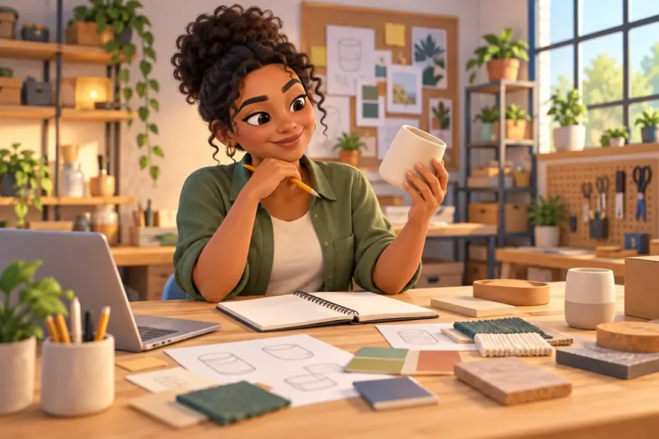 A small-business founder reviews a prototype, notebook, and sample materials at a workshop table.