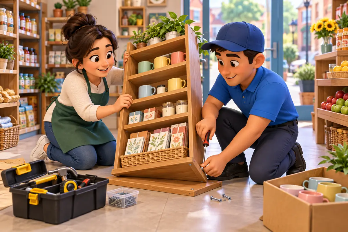 A shop owner and a supplier work together to repair a sample display after a setback.