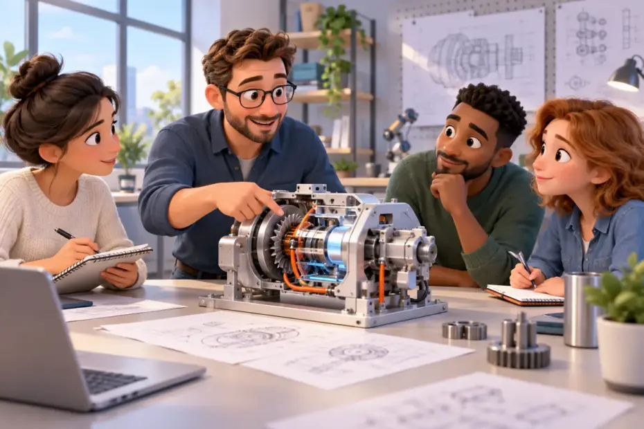 An engineer explains a prototype to a project team.