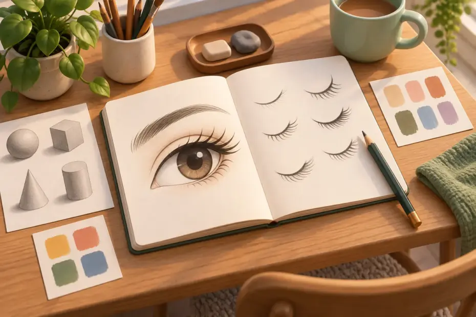 A sketchbook eye study pairs color swatches with a clear view of curved eyelashes.