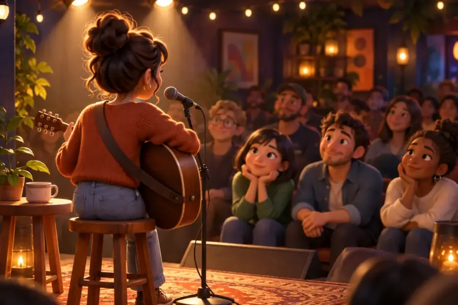 A seated performer plays guitar and sings before an attentive crowd.