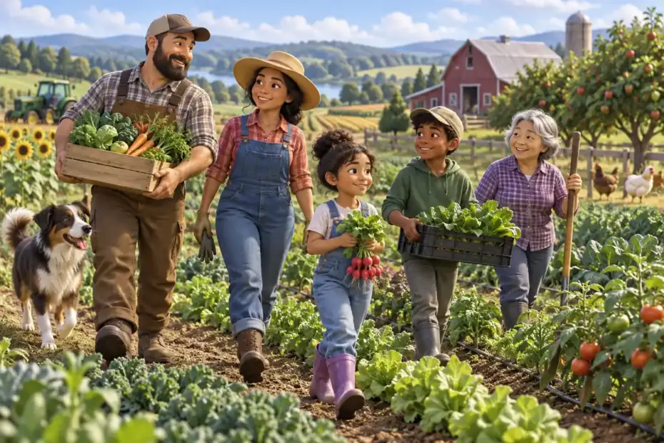 A family of farmers walks through a green farm with crops, orchard trees, and a red barn.