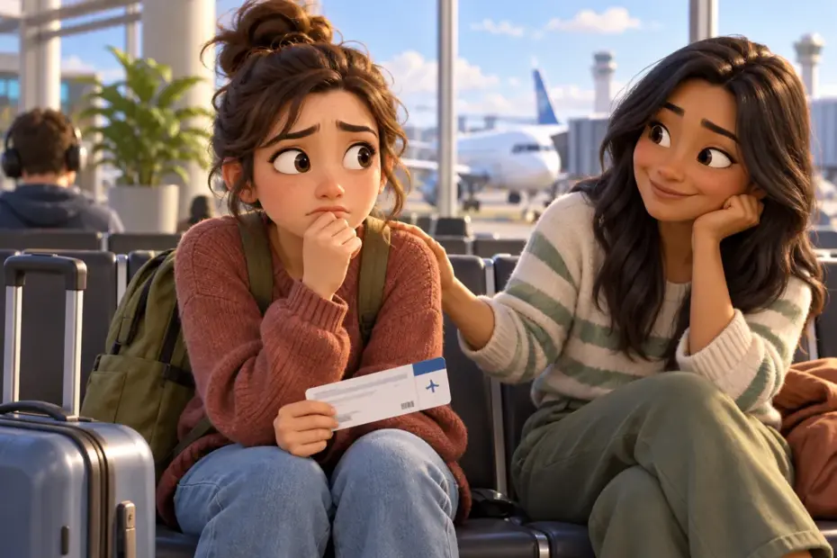 A traveler in a bright airport pauses before a first solo flight, showing apprehension about an unfamiliar journey.