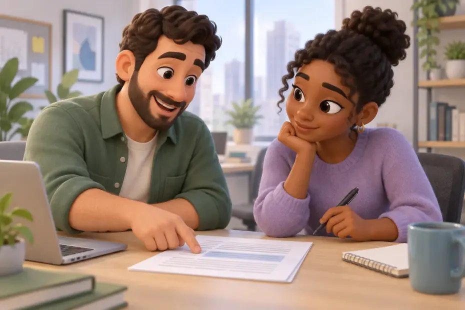 A colleague gives a teammate specific written feedback while pointing to a project draft.