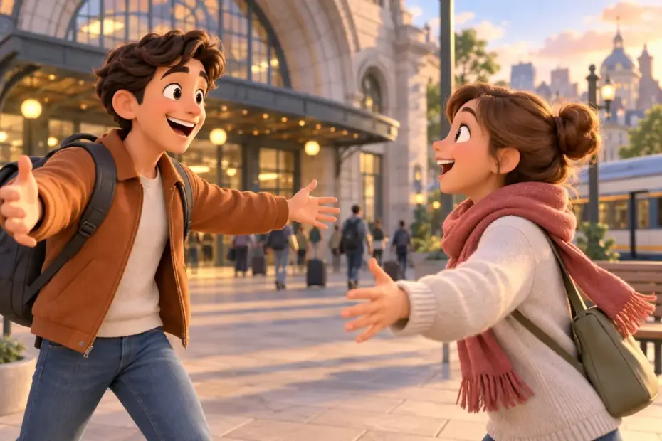 Two friends greet one another beside a station entrance.