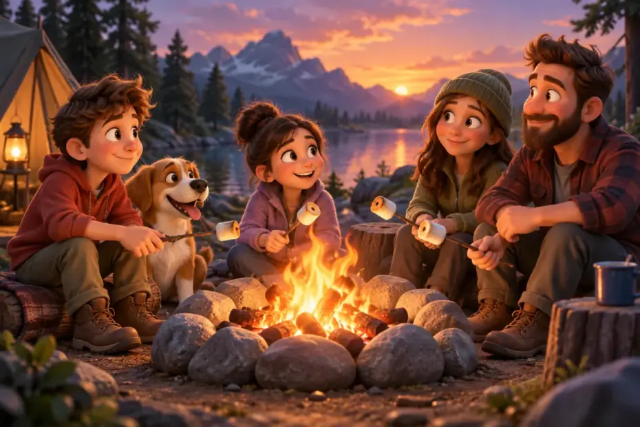 A contained campfire glows with orange flames inside a stone ring.