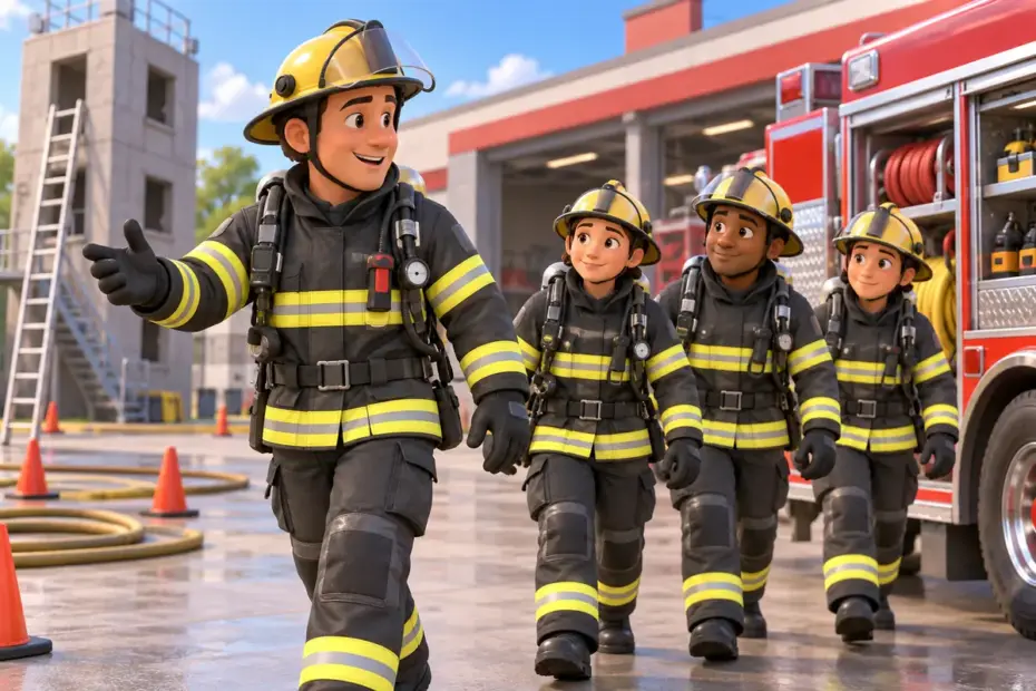 A firefighter leads a team through a supervised training exercise.