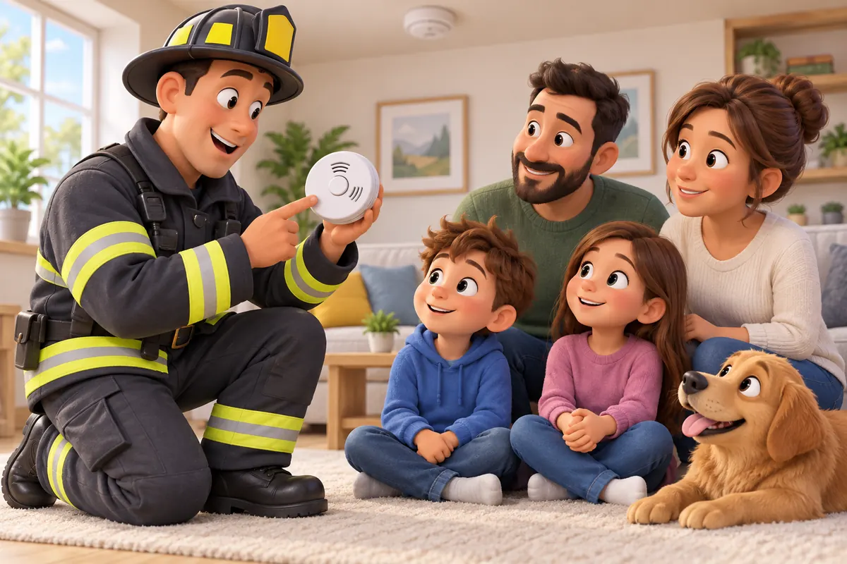A firefighter explains a smoke alarm to a family during a safety lesson.
