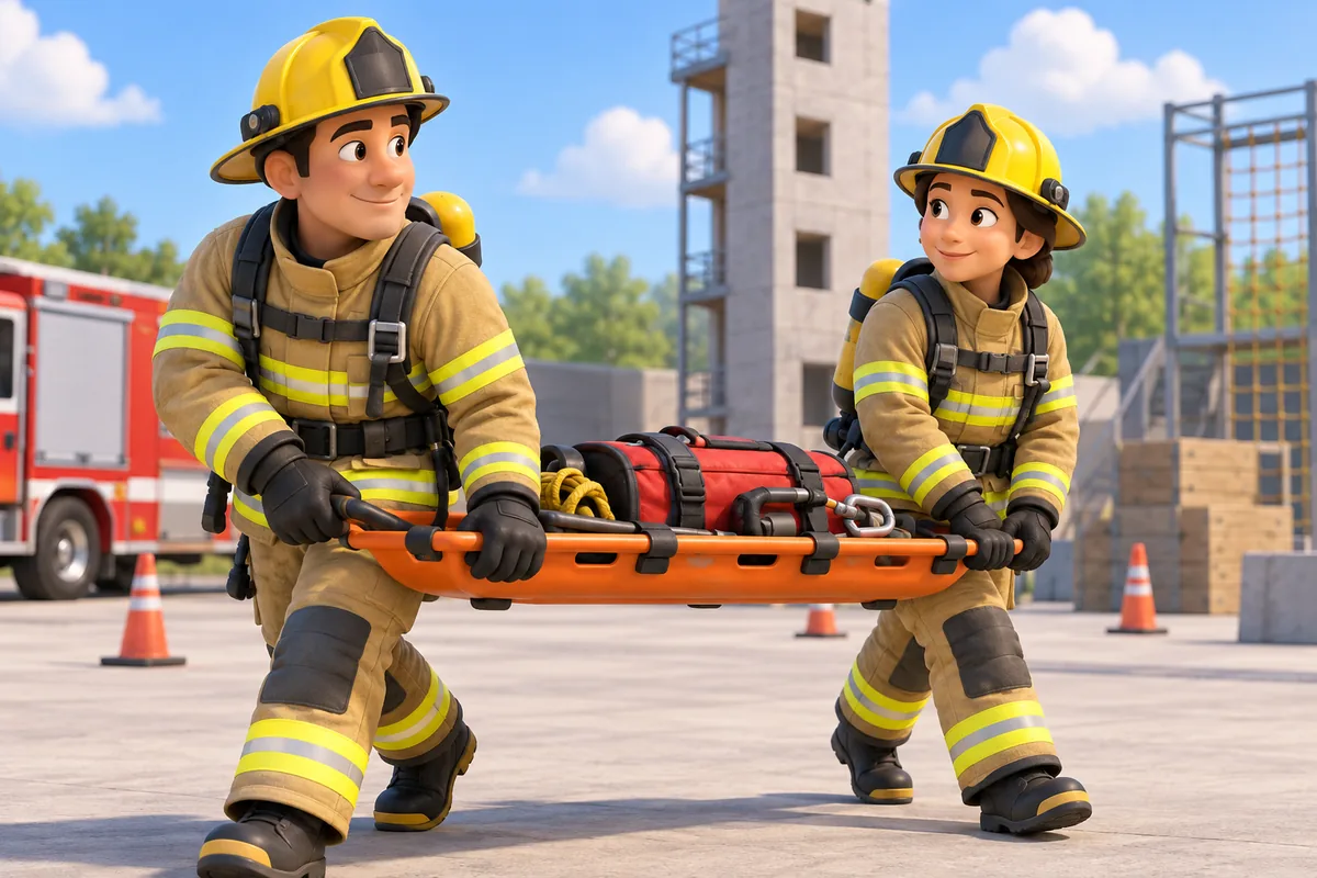Two firefighters coordinate while carrying equipment during a drill.