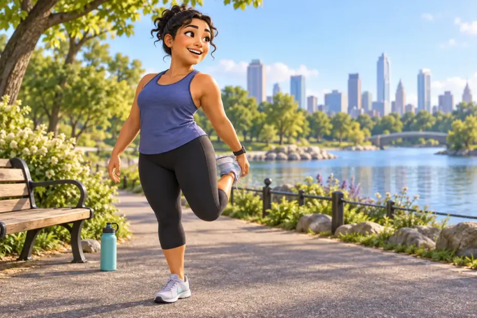 A runner finishes a workout on a park path and stretches beside a water bottle, representing active fitness.