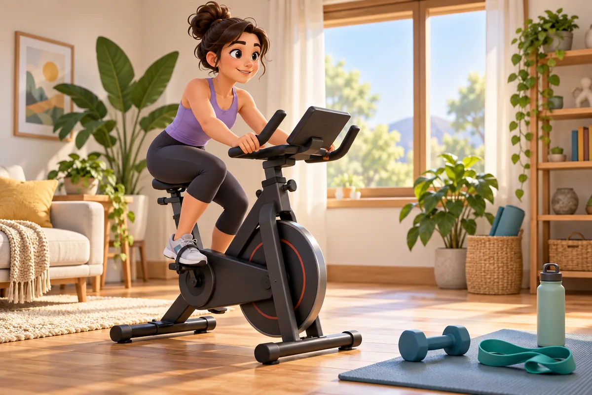 A person uses a stationary bike while a dumbbell and resistance band sit nearby, showing different kinds of training.