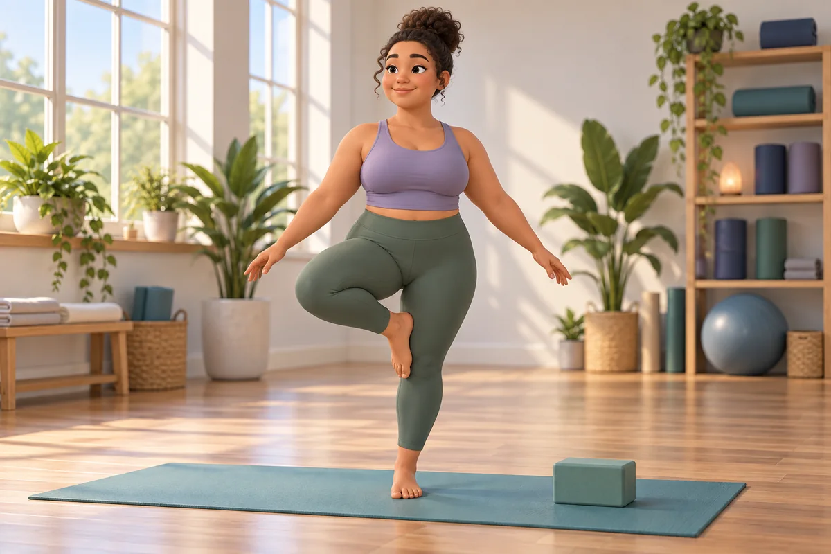 An athlete balances on one foot on a mat beside a yoga block, illustrating balance and controlled movement.