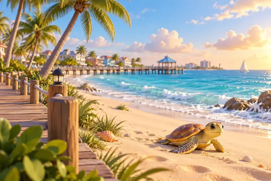 A sunlit sandy shoreline with palms and a boardwalk.