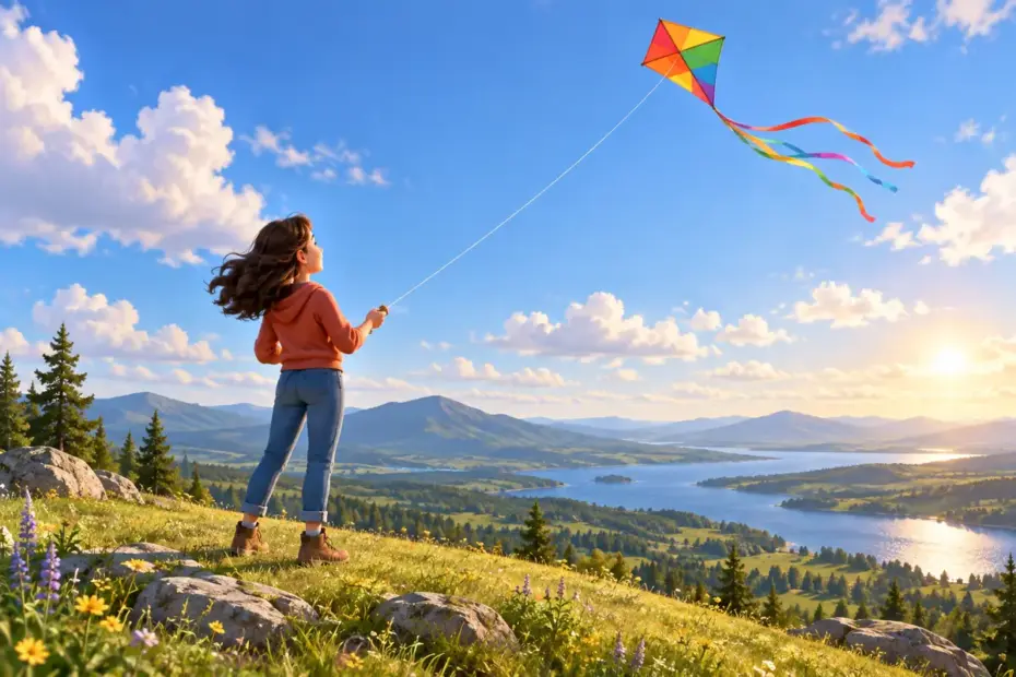 A person flies a colorful kite from an open hillside under a wide sky, suggesting personal freedom.