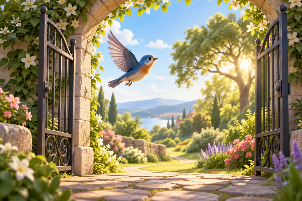 A small bird flies through an open archway toward trees in a sunlit garden.