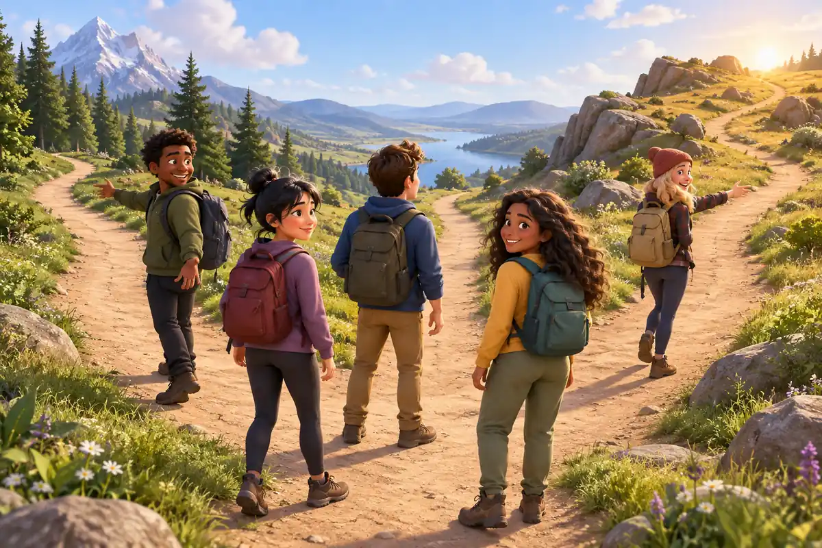 A group walks together along a wide open path toward a bright horizon, carrying no signs or banners.