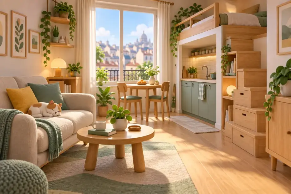 Compact wooden furniture fits neatly into a bright small apartment.