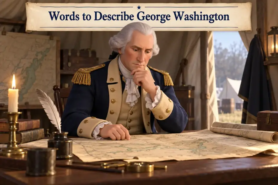 A respectful 3D historical illustration shows George Washington studying a campaign map at his headquarters.