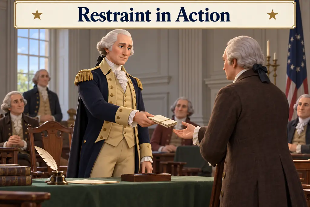 George Washington returns a military commission to Congress in a respectful 3D historical illustration.