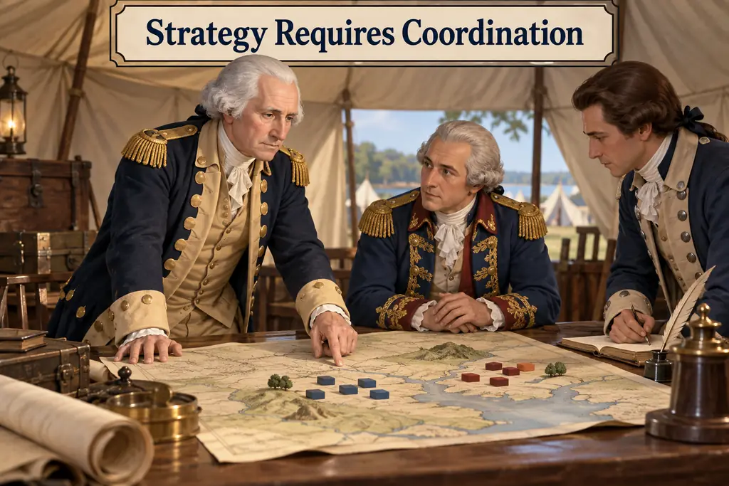 Washington and two officers study a campaign map in a period military tent, illustrating strategic coordination.