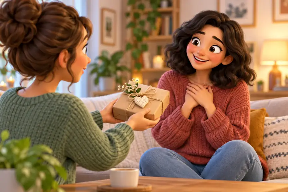A friend gives a carefully wrapped present with a small handmade decoration to someone smiling warmly.