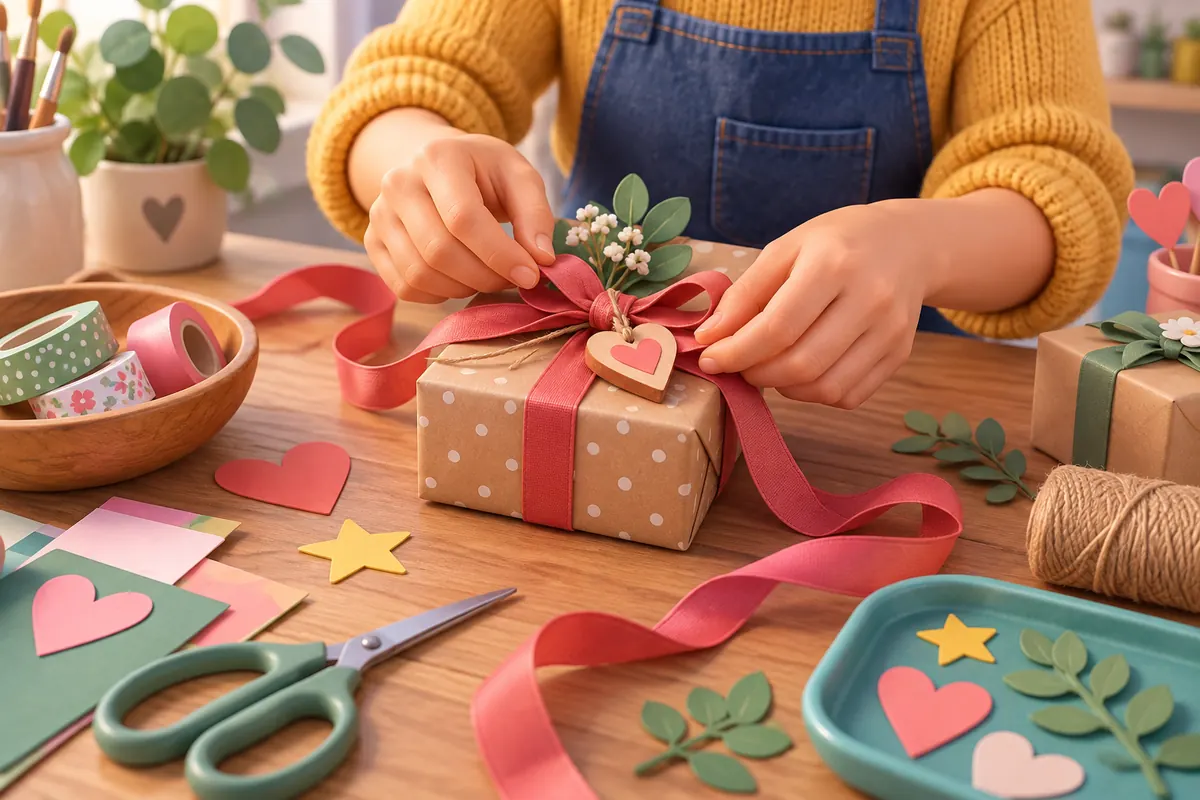 A person decorates a small handmade gift box at a craft table with ribbon and paper shapes.