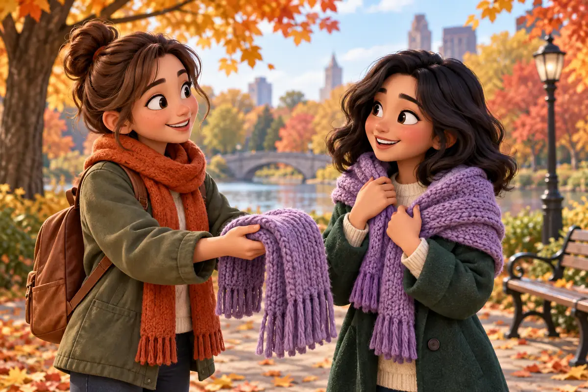 A friend presents a useful knitted scarf to someone on a chilly walk, who smiles and wraps it around their shoulders.
