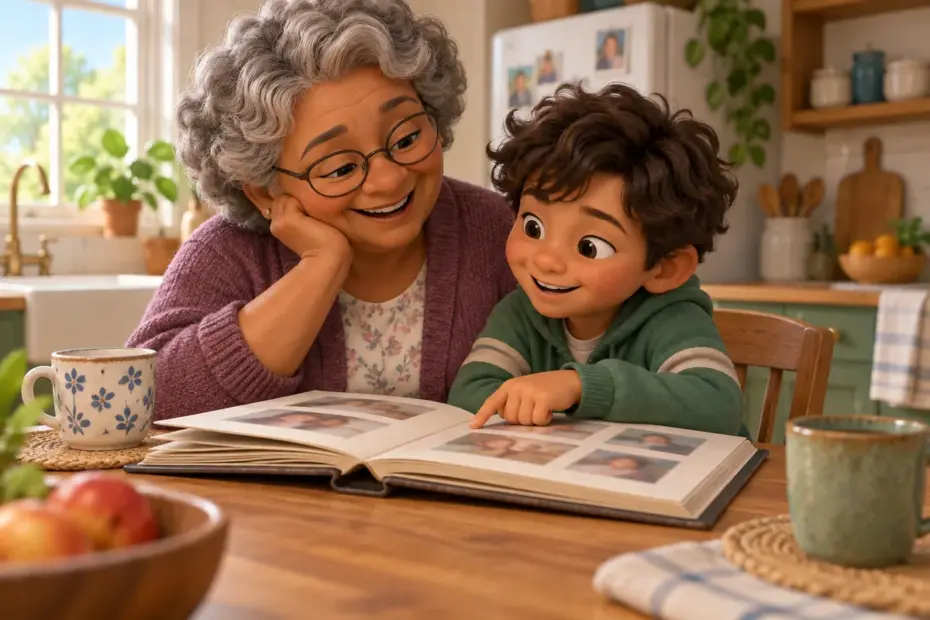 A grandparent and grandchild share a quiet moment as they look through a photo album at a kitchen table.